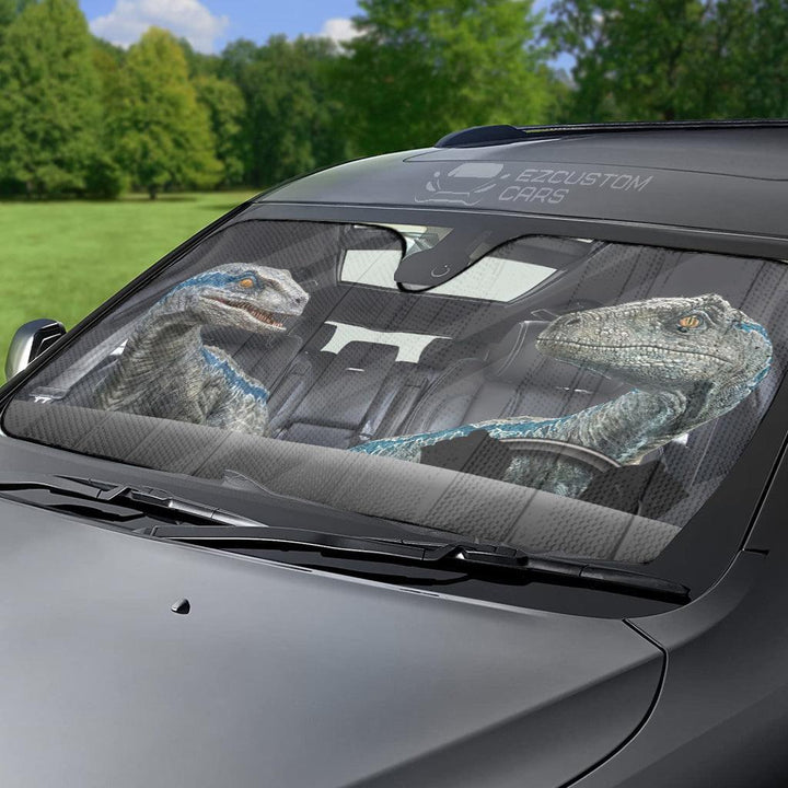 Velociraptor Car Accessories Dinosaur Couple Funny Driving 3D Car Sun Shade - EzCustomcar - 3