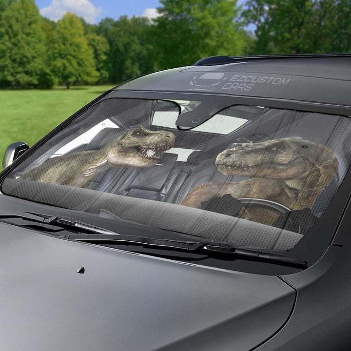 Angry Dinosaur Couple Funny Driving 3D Car Sun Shade Custom Tyrannosaurus Rex Car Accessories - EzCustomcar - 4