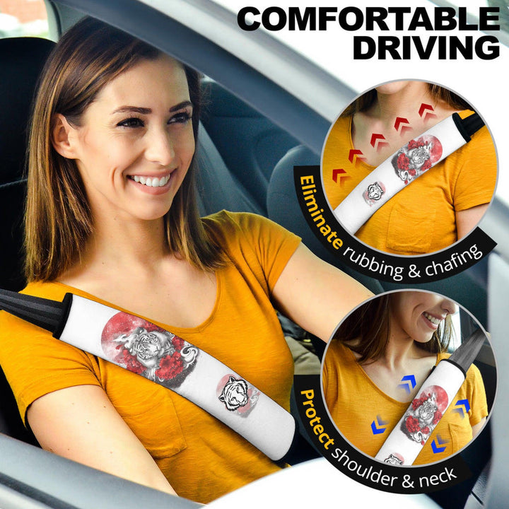 Flower x White Tiger Seat Belt Covers Custom Tiger Car Accessories - EzCustomcar - 2