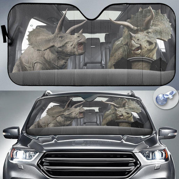 Angry Dinosaur Couple Funny Driving 3D Car Sun Shade Custom Triceratops Car Accessories - EzCustomcar - 1