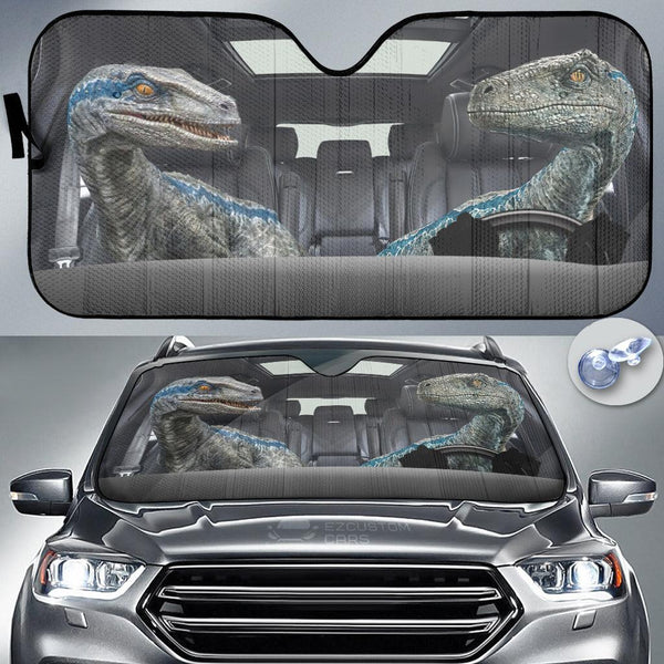Velociraptor Car Accessories Dinosaur Couple Funny Driving 3D Car Sun Shade - EzCustomcar - 1